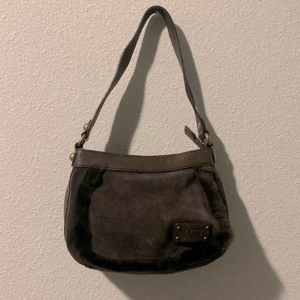 LMT: UGG Australia Suede Leather Shearling Classic Bailey Handbag in Dark Brown